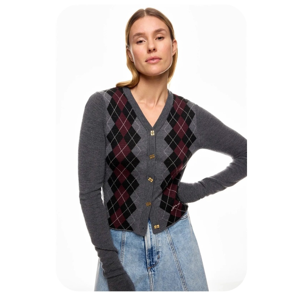 Ganni Fine Merino Jacquard Cardigan Grey Argyle Wool Cropped Button Front Sz S